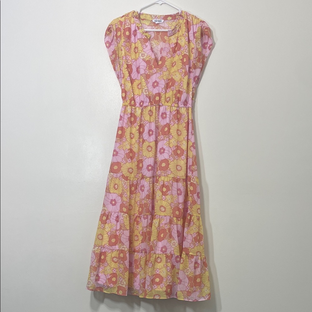 Steve Madden Floral Boho Tiered Maxi Dress Pink & Yellow • Medium